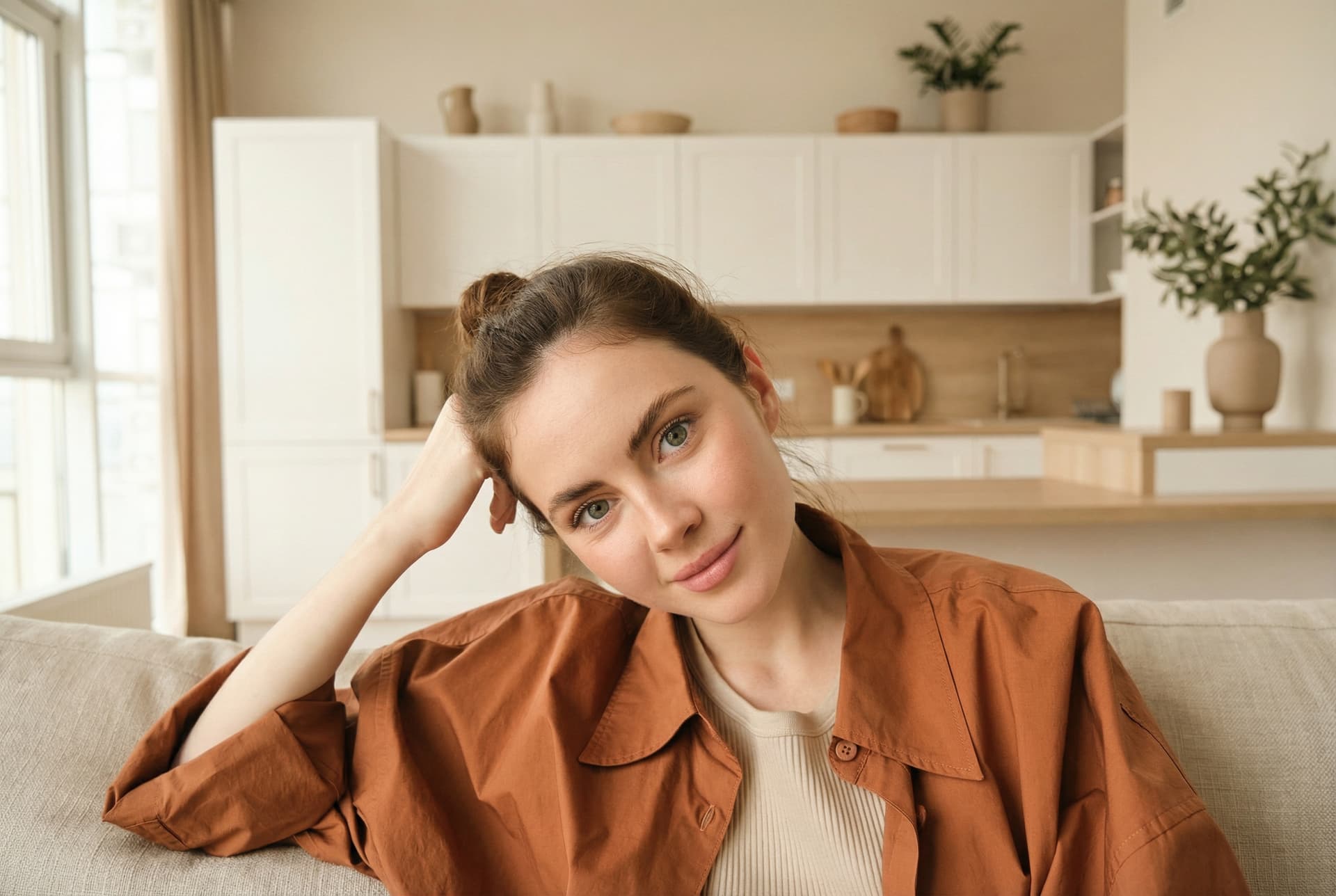 Feeling thoughtful at home A happy young woman smiling at the camera while sitting at home